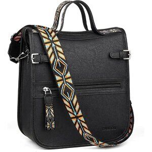 Women’s Black Retro Style Leather Purse Crossbody Bag Handbag Wide
